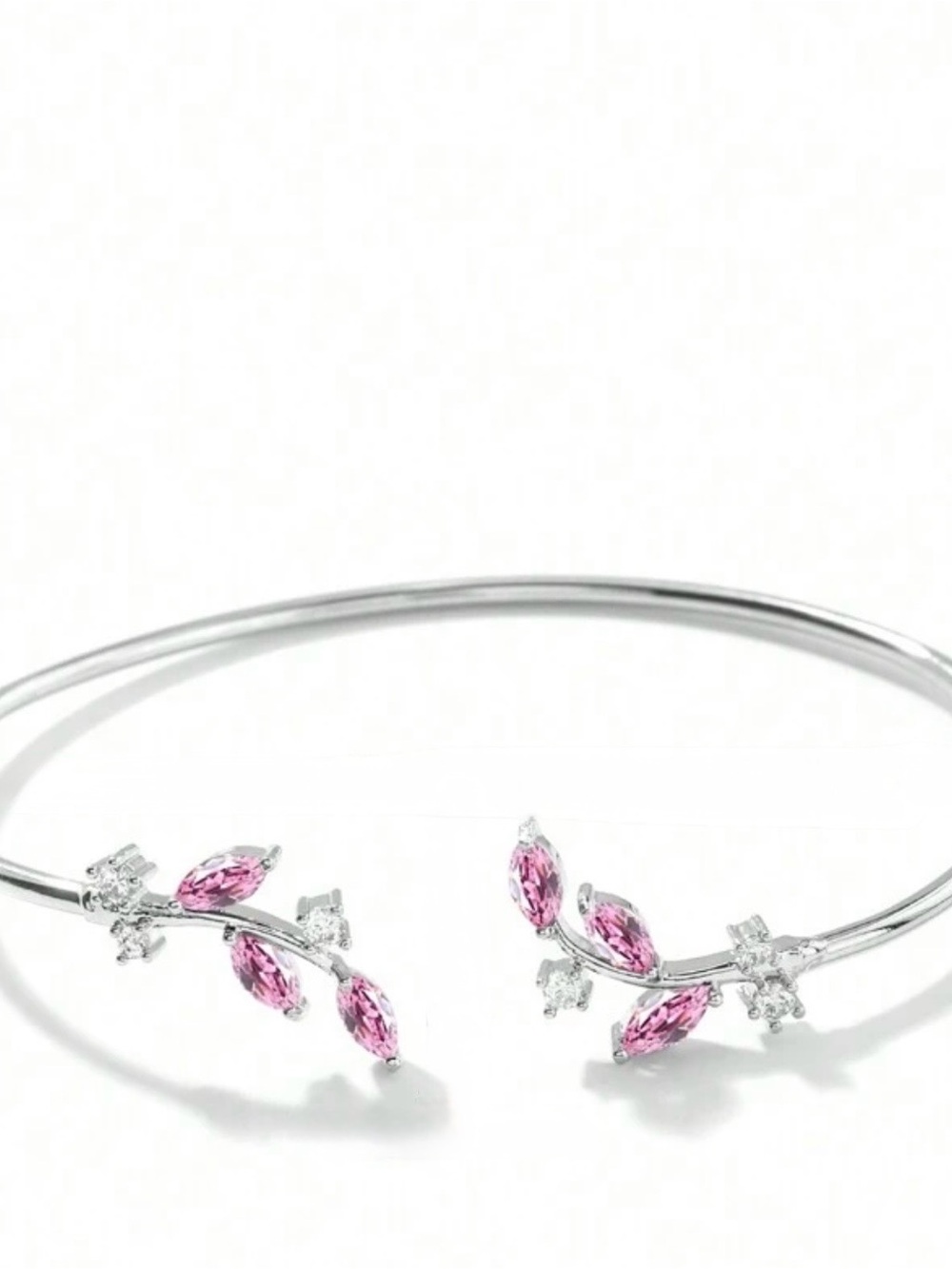 Silver Pink Crystal Leaf Open Cuff Bracelet